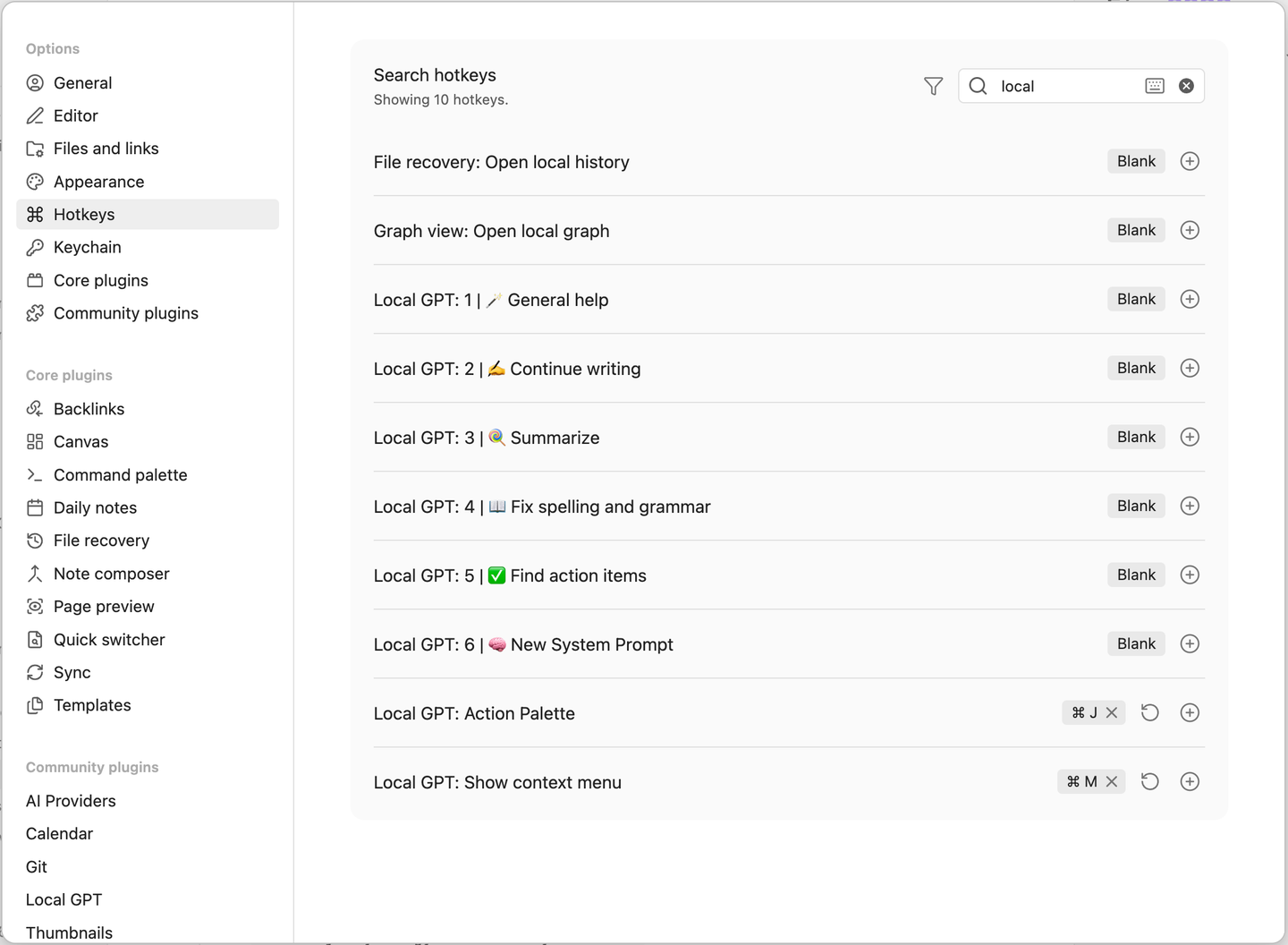 Obsidian hotkeys filtered on “local”: Action Palette on ⌘ J, Show context menu on ⌘ M.